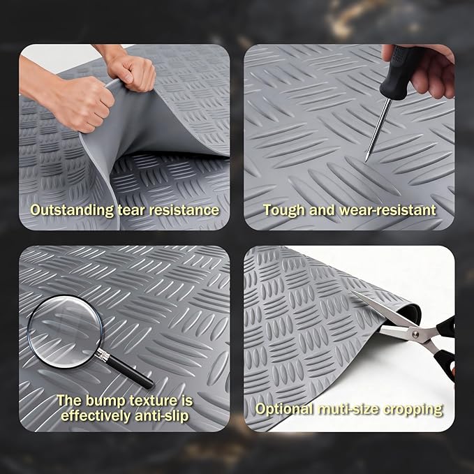 StellarStar 4x8 FT Garage Floor Mat, 2mm Thickened Ribbed PVC Diamond Plate Garage Mat with 20PCS Tapes, Rubber Flooring Rolls for Under Car, Rubber Motorcycle Mat for Golf Cart, Trailer, Gray