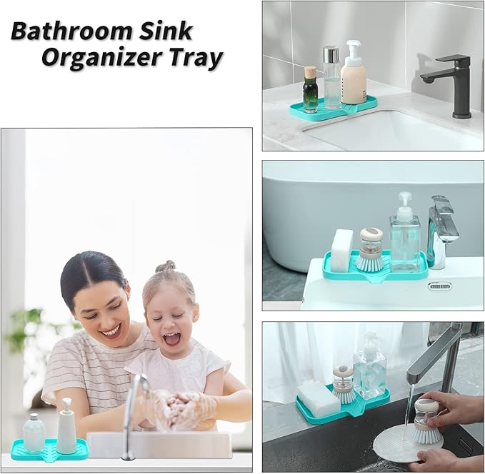 MicoYang Silicone Soap Dish with Drain Spout — Self-Draining Sink Organizer Tray for Bathroom & Kitchen, Sponges, Dispensers & Soap Holder, Non-Slip & Dishwasher Safe, Mint (Medium, 9.6"×5.3")