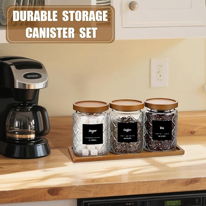 3 Pcs Glass Coffee Container Set with Wooden Lid Spoon Shelf Labels Clear Sugar Tea Airtight Jar Food Storage Canisters Set for Spice Holder Coffee Bar Gifts(Begonia,24 oz)