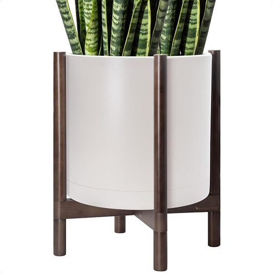 D'vine Dev Plastic Pot with Walnut Wood Stand, Oatmeal, 16 in, 55-C-X-4 | Mid-Century Inspired Design, Elevated Plant Display, Clean Lines, Sturdy Support, Modern Space-Saving Style