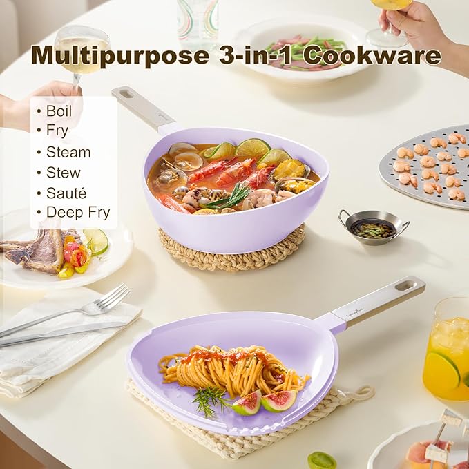 3-in-1 Ceramic Saucepan with Skillet Lid & Steamer, 2QT Nonstick Sauce Pan Features Dual Strainers, Space-Saving Nesting, All Stove & Dishwasher Safe
