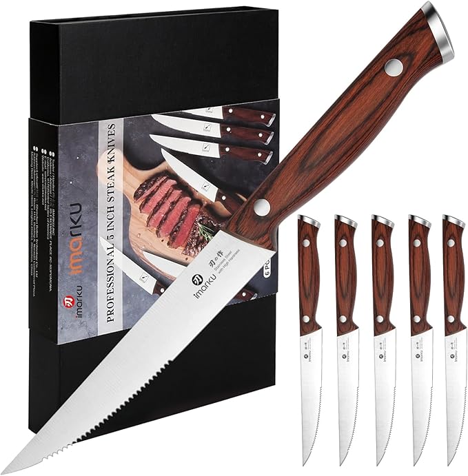 imarku Steak Knives Set of 6, 9-Inch Serrated Steak Knife Set, Japanese High Carbon Stainless Steel, Razor-Sharp Blades with Gift Box