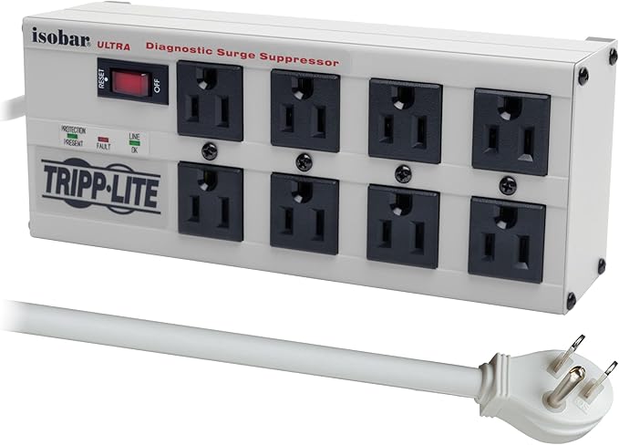 Tripp Lite ISOBAR8ULTRA Isobar 8 Outlet Heavy Duty Power Strip Surge Protector, 3840 Joules, 12ft Cord, Flat Plug, Metal Power Strip, Industrial Garage Work Shop Bench, Under Desk and Wall Mountable