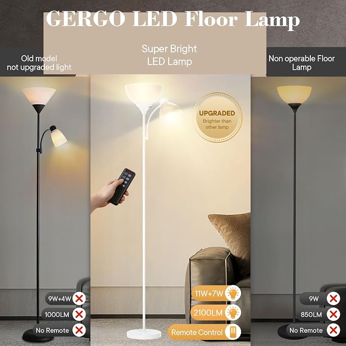 GERGO Led Floor Lamp, Super Bright 11W+7W 2100LM Torchiere Floor Lamps for Living Room, Stepless Adjustable 3000K-6000K Temperatures with Remote Control for Bedroom (White)