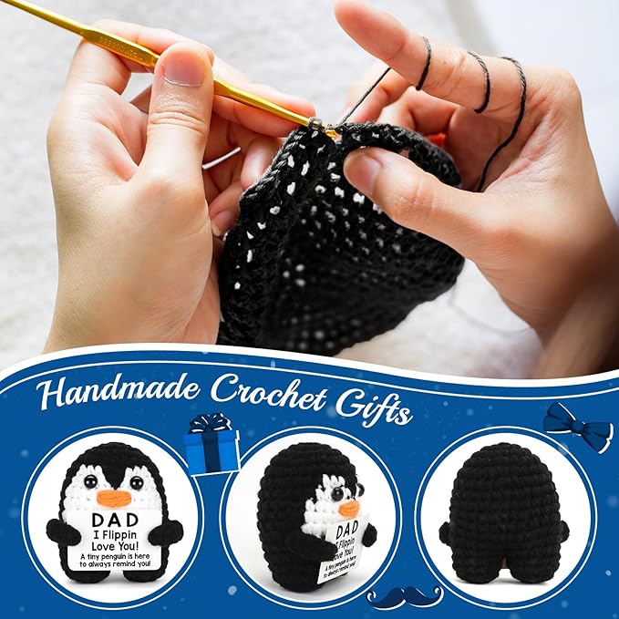 CryCarrot Dad Gifts from Daughter Son Birthday Fathers Day, Handmade Crochet Penguin Dad Birthday Gifts, Mini Funny I Love You Gift for Dads Bonus Step Father Mens Father's Day Christmas Cute Decor