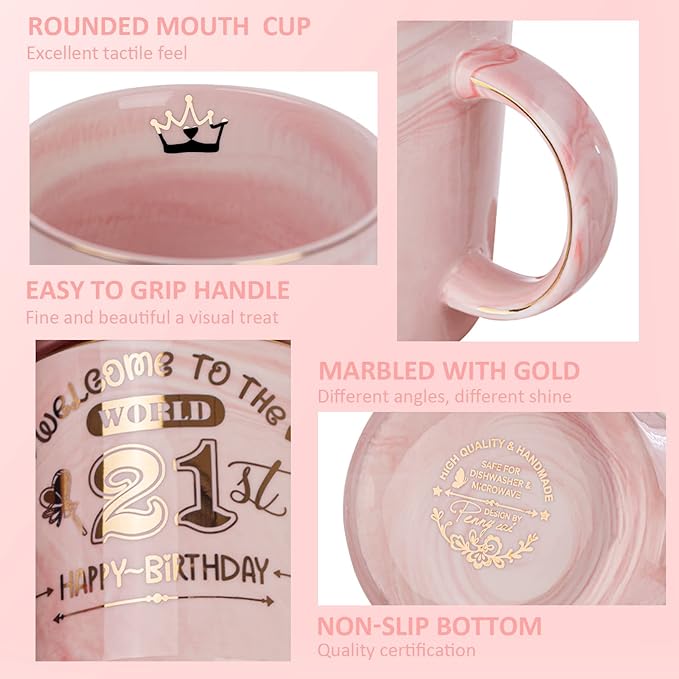 Happy 21st Birthday Gifts for Her - 14oz Pink Marble Coffee Mug with Gold Print, Funny 21 Bday Gift Idea Presents for 21 Year Old Women, Daughters, Girls, Female Friends, with Greeting Card, Gift Box