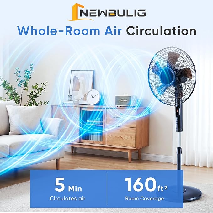 NEWBULIG 17" Pedestal Fans with Remote, Oscillating Standing Fan with 3 Speed & 3 Model, Quiet Timer Stand Up Fan for Indoor, Bedroom, Living Room, Adjustable Height & Tilt Head, Easy Assembly
