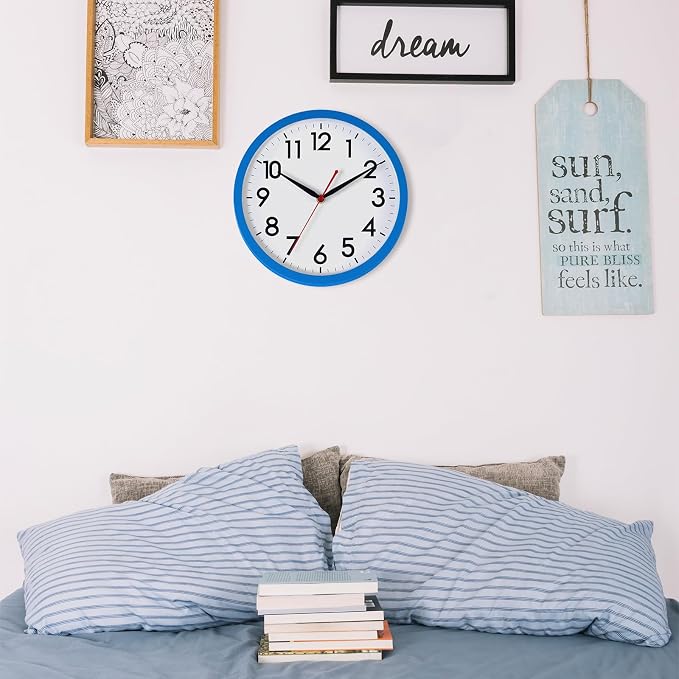 AKCISOT 10 Inch Wall Clock, Battery Operated Analog Clock, Silent Non-Ticking, Ideal for Bedroom, Bathroom, Kitchen, Office and School, Blue