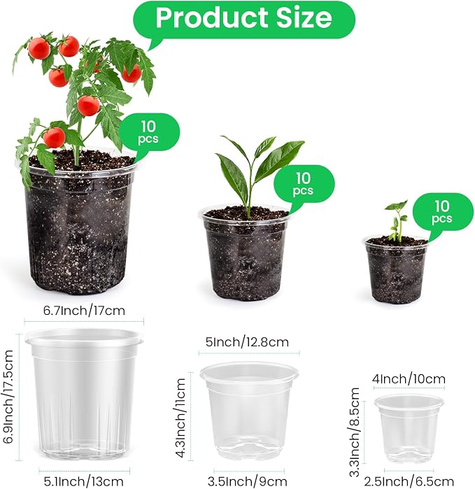 Bluepro Clear Nursery Pots with Drainage Holes, 4/5/7 Inch, 30-Pack | Clear PET, 10 Each of 3 Sizes, Root and Moisture Visibility, Flexible, Reusable, Indoor Use, Propagation and Seed Starting