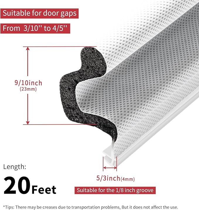 20 Feet Kerf Door Weather Stripping Door Seal, Long Reach V-Shaped Door Seal Strip for Door Frame Door Weatherstripping Insulation Strip Door Soundproofing for Large Gap(White)