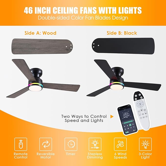 Asyko 46" Black RGB Ceiling Fans with Lights and Remote,Low Profile Ceiling Fans with Quiet Reversible DC Motor,Modern Flush Mount Ceiling Fan Light for Bedroom Kids Room