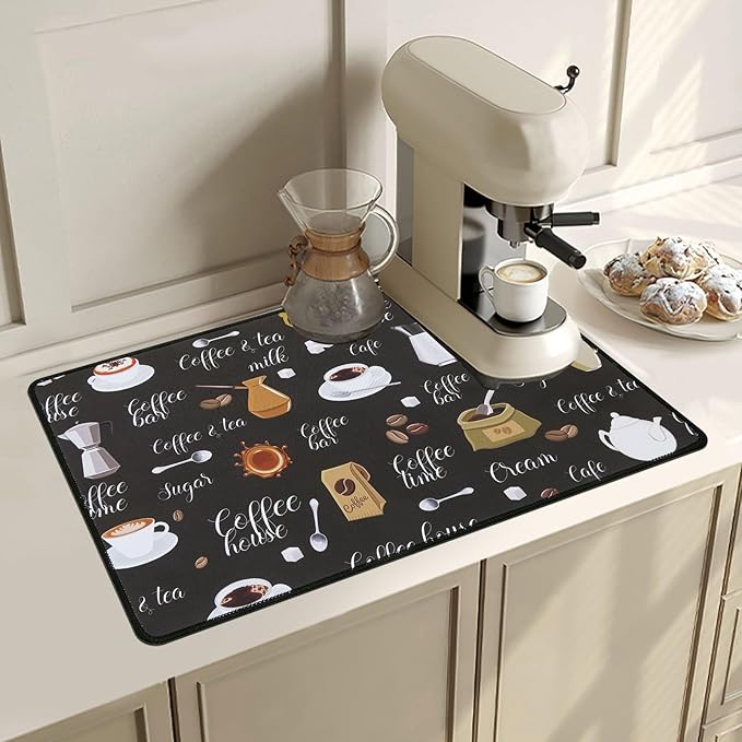 SHACOS Coffee Mat 2-Pack 12x19 Inch Absorbent Non Slip Coffee Maker Mats for Countertop Bar Accessories Dish Drying Mat Waterproof Heat Resistant, Brown