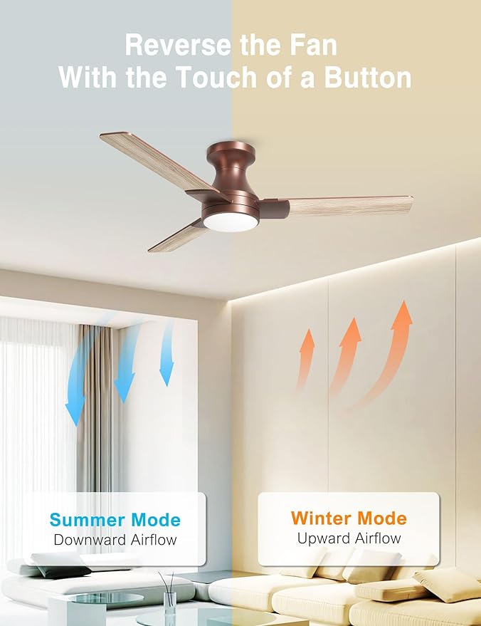 DAMINY 42 inch Ceiling Fans with Lights,3 Blades,6CCT, Low Profile Ceiling Fan with Light and Remote Control,Ceiling Fan for Bedroom, Kitchen,Indoor/Outdoor Use,Flush Mount-Brown