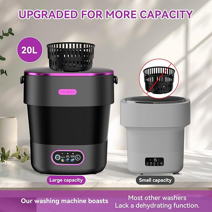 JUJOJB Portable Washing Machine, Folding 20L Mini Washer and Spin-Dryer, 3 Cleaning Modes Small Compact Laundry Machine of Underwear, Baby Clothes, for Apartments, Dormitories, RV, Travel, Black
