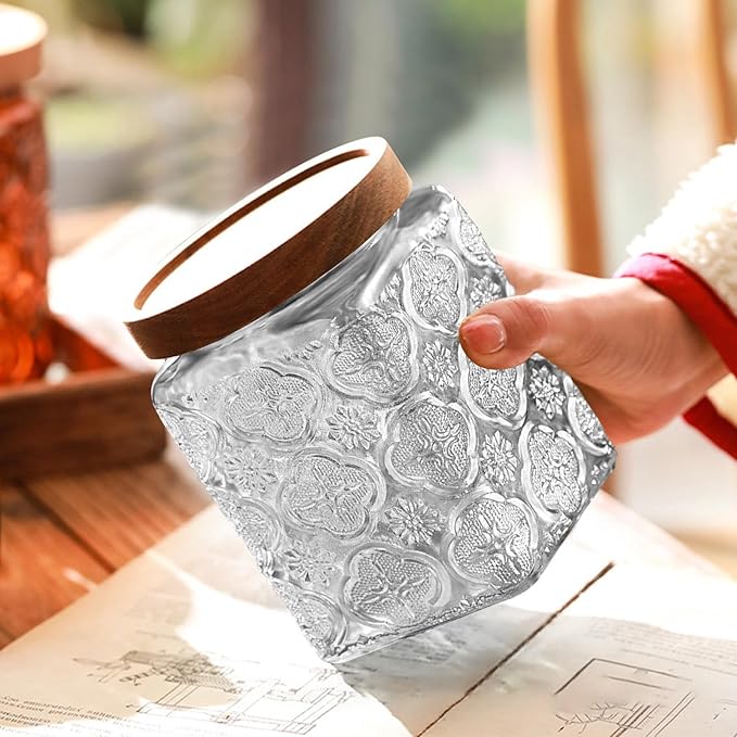 Glass Jar with Lid, Vintage Glass Storage Jars with Airtight Lid Coffee Canister Sugar Container for Kitchen Counter Pantry, Flour, Candy, Tea, Coffee Beans, Oats (Begonia Sunflower Square)