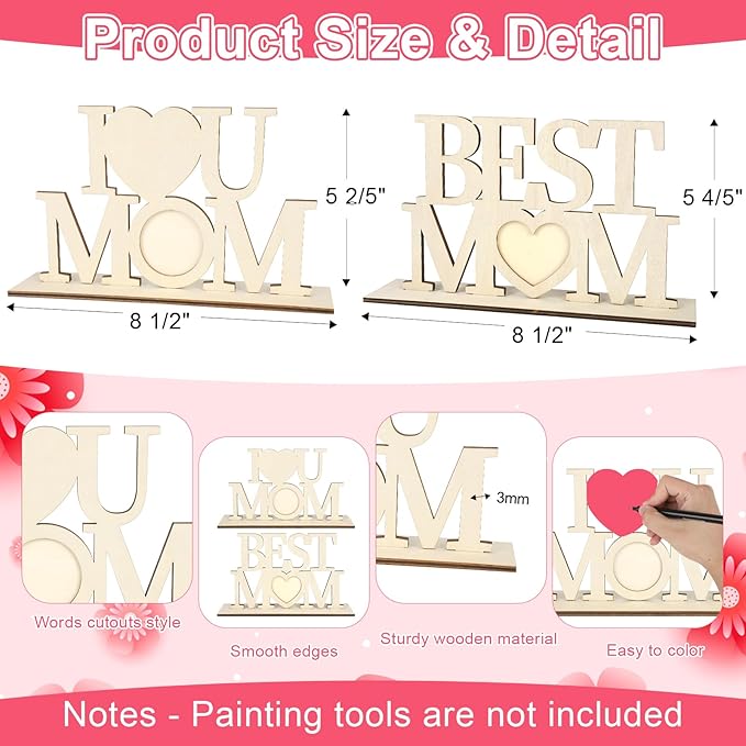 COCHIE DIY Unfinished Mother's Day Photo Frame Wood Crafts to Paint, 2 Picture Frame Painting Craft Kit, Wooden Crafts Classroom Activities, Best Gift for Mom from Daughter, Son (Mom)