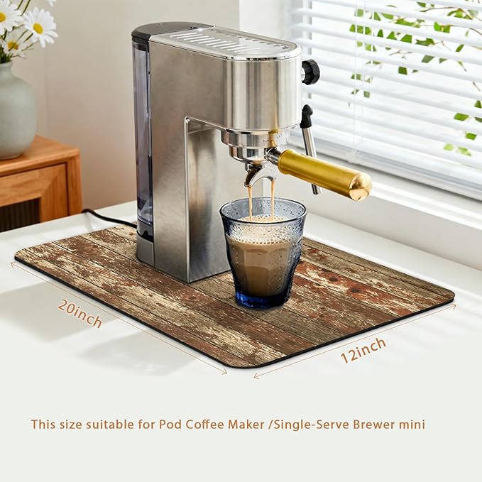 Coffee Mat 20x12 Inch, Wood Grain Coffee Machine Mat, Absorbent Hide Stain Rubber Backed Dish Drying Mat for Kitchen Counter, Bar Mat for Countertops,Under Coffee Bar Maker Machine Pot Espresso Staion