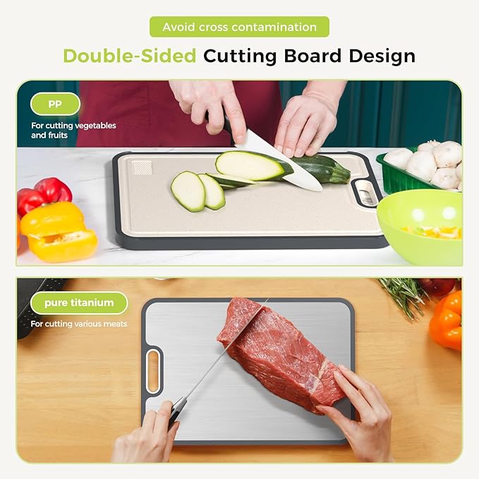 Titanium Cutting Board for Kitchen, Double Sided Chopping Board, 99.9% Pure Titanium & PP, Non-Porous, Odor Resistant, Safe for Raw & Cooked Food, Easy to Clean, Large 15”×10.3”