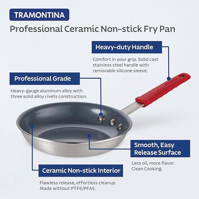 Tramontina Professional 12-Inch Ceramic Non Stick Large Frying Pan | Heavy-Gauge Aluminum Skillet with Ceramic Nonstick Coating, Dishwasher and Oven Safe, Gray, Made in Brazil