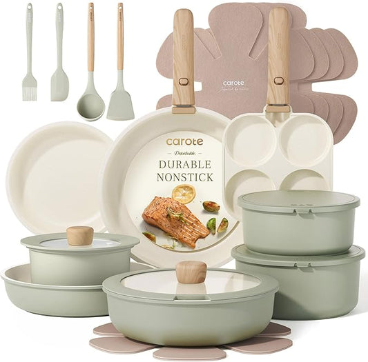 CAROTE 25pcs Pots and Pans Set Non Stick, Cookware Sets, Kitchen Set, Oven/Dishwasher/Fridge Safe, Space Saving Pots Set, Nonstick Set with Versatile Detachable Handle, Induction RV Set, Green