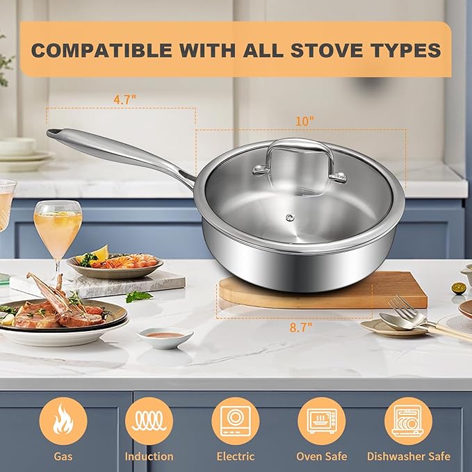 EWFEN Tri-Ply Stainless Steel Frying Pan 3QT, 10 Inch Deep Frying Pan with lids, Skillet, Induction Cooking Pan, Dishwasher and Oven Safe, Fast & Even Heat, Heavy Duty and Detachable Handle