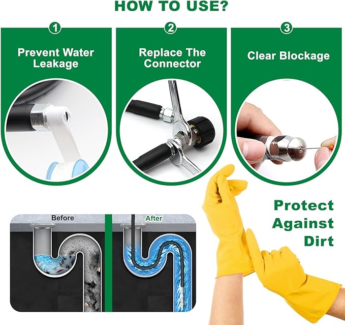 60FT Sewer Jetter Kit for Pressure Washer, 5800PSI Drain Cleaner Hose 1/4 Inch NPT Corner, Rotating Button and Spray Sewer Jetting Nozzle, Water Jet Drain Cleaner Spanner Tape Pearl Corsage Pin