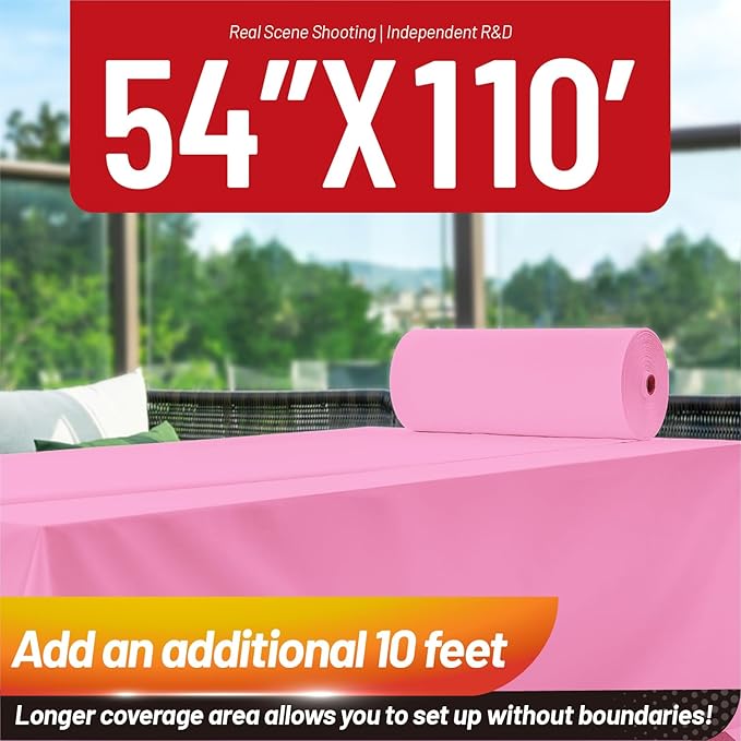 Plastic Table Cloth, 110 Ft X 54 in Plastic Table Cloth Disposable Pink Tablecloth with Any Cut Sliding Cutters Premium PEVA Disposable Tablecloth for Picnics, Parties, Birthdays, Festivals