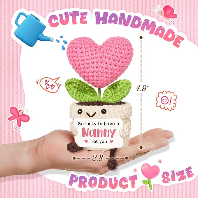 Cute Nanny Gifts, Mini Handmade Crochet Pink Heart Flower, Birthday for Nanny, Grandma Gift from Granddaughter or Grandson