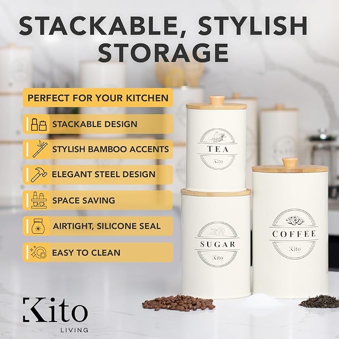 Kito LIVING Canisters Sets for Kitchen Counter Storage and Organization with Wooden Bamboo Lids, Food Pantry Containers, Stackable Steel Storage Bins, Airtight Sugar Tea Coffee Canisters - Cream
