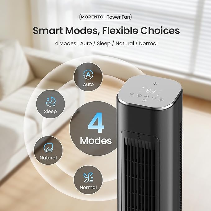 MORENTO Tower Fan for Bedroom, 36" Smart Standing Fan with WiFi APP Voice Control, 4 Modes 4 Speeds, 90° Oscillating, 12H Timer & 25dB Ultra Quiet Safe Bladeless Floor Fan with Remote, Black, 1 Pack