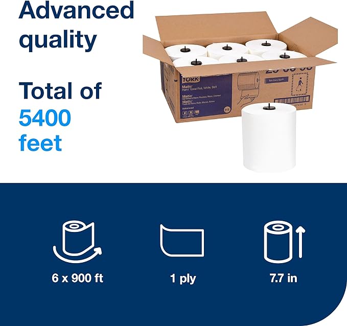 Tork Matic Soft Hand Towel Roll White H1, Advanced, High Absorbency, 6 Rolls x 900 ft, 290095