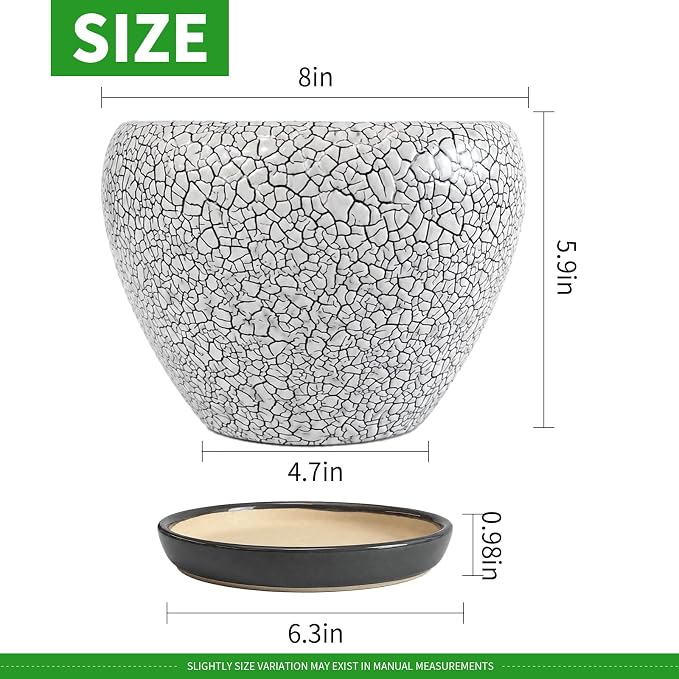 Deep Dream 8 Inch Plant Pots- Ceramic Pots for Plants with Drainage Hole and Saucer, Large Planter Pot for Indoor Plants Outdoor Decor, Wood Crack Black