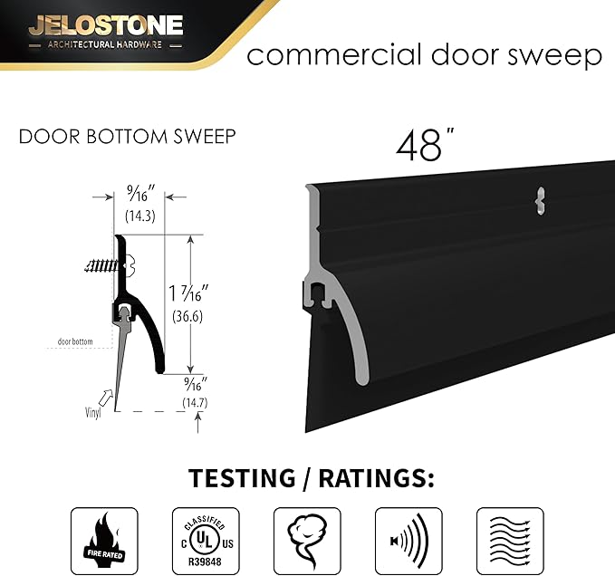 2 Pack – 48'' Door Bottom Sweep with Drip Cap (Matte Black Anodized) – Fire Rated Weather Stripping Door Seal Draft Stopper with Flex-V Vinyl Insert for Exterior & Interior Doors, JS-NV345