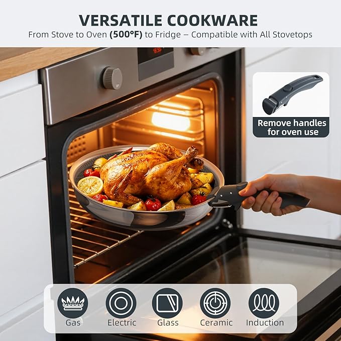 Ciwete Hybrid Non Stick Frying Pans Set 3-Piece, 8 & 9.5 Inch Tri-Ply Stainless Steel Pans Set with Detachable Handle, PFOA Free Kitchen Skillets for All Cooktops, Dishwasher & Oven-Safe Cooking Pan