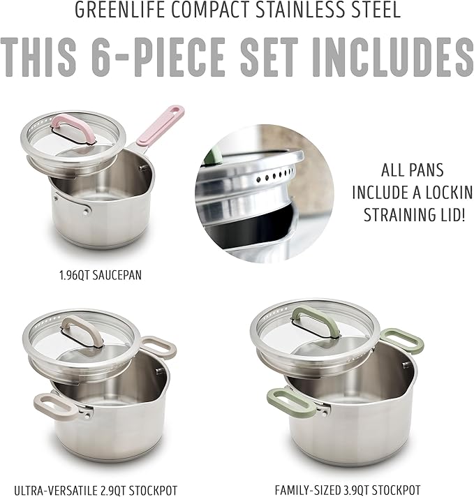 BK Twisting by Greenlife Stainless Steel 6 Piece Locking Lid Cookware Set, Built in Strainer, Induction Pots & Pans, Drip-Free Pour Spouts, Silicone Handles, Saucepan, Stock Pot, Dishwasher Safe
