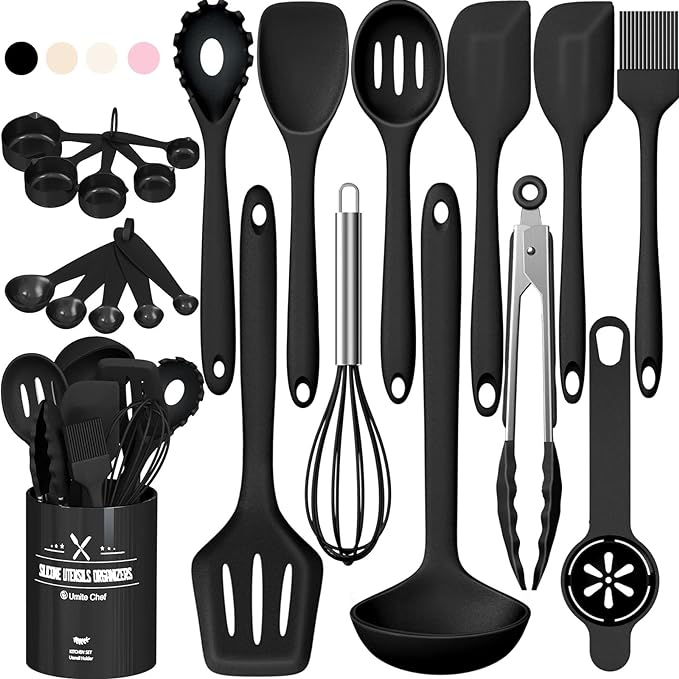 Silicone Kitchen Utensils Set, Umite Chef 22Pcs Cooking Utensils Spatula Set, Heat Resistant Non-Stick Silicone, Dishwasher Safe Cooking Gadgets Tools Set(Black)