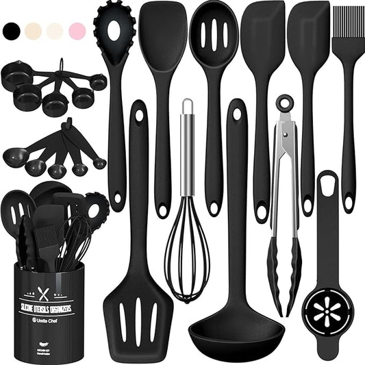 Silicone Kitchen Utensils Set, Umite Chef 22Pcs Cooking Utensils Spatula Set, Heat Resistant Non-Stick Silicone, Dishwasher Safe Cooking Gadgets Tools Set(Black)