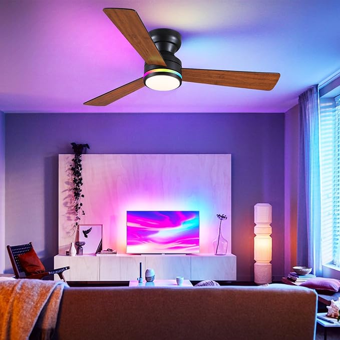 Asyko 46" RGB Ceiling Fans Light,Low Profile Ceiling Fans with Lights and Remote,Modern Flush Mount Ceiling Fan Light with Quiet Reversible DC Motor for Bedroom Kids Room