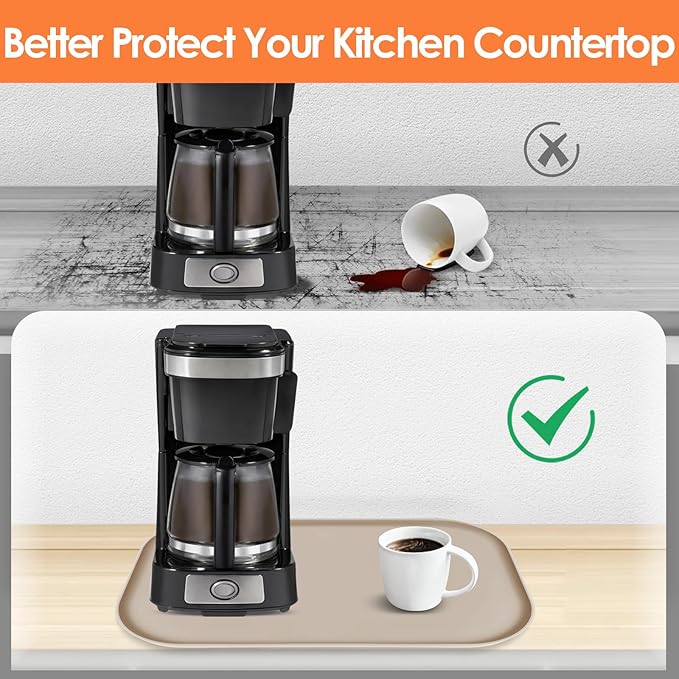 TOHONFOO Silicone Coffee Maker Mat with Lip, 24'' x 16'' Heavy Duty Coffee Maker Mat for Countertops, Coffee Tray Fit Under Coffee Machine Appliance Automatic Machines Espresso Accessory, Khaki