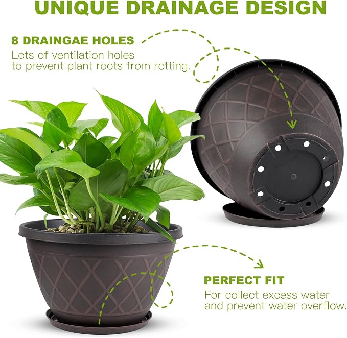 6 Pack 8 Inch Plant Pots, Planters with Drainage Holes & Saucers, Modern Imitation Diamond Pattern Design Plastic Flower Pots for Indoor & Outdoor Plants, Succulents, Flowers, and Herbs (Brown)