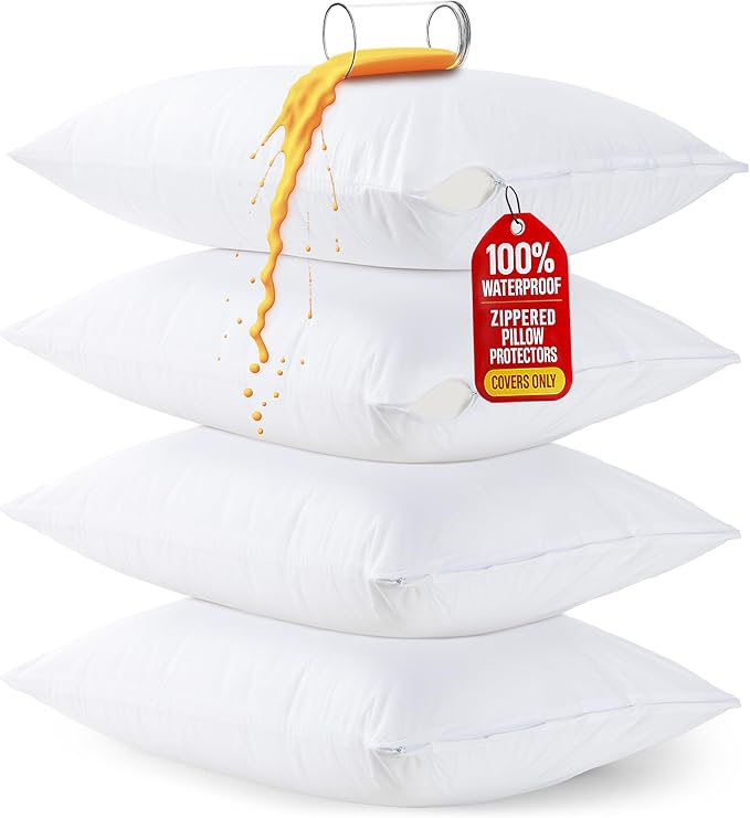 Set of 4 Pillow Protectors with Zipper King Size, Bed Bug and Dust Mite Proof Pillow Covers, Ultra Soft Pillow Encasements, Moisture Wicking and Waterproof Pillow Cases by Utopia Bedding (White)