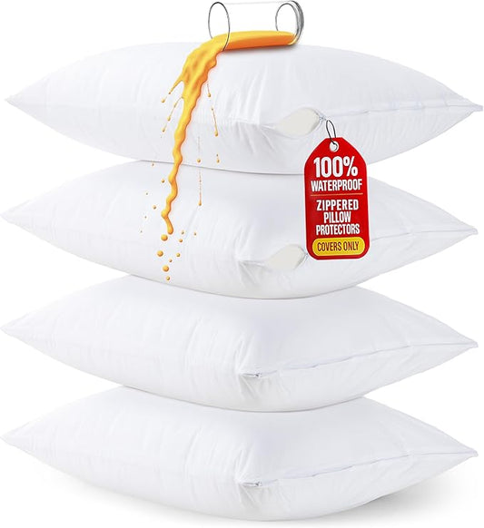 Set of 4 Pillow Protectors with Zipper Queen Size, Bed Bug and Dust Mite Proof Pillow Covers, Ultra Soft Pillow Encasements, Moisture Wicking and Waterproof Pillow Cases by Utopia Bedding (White)