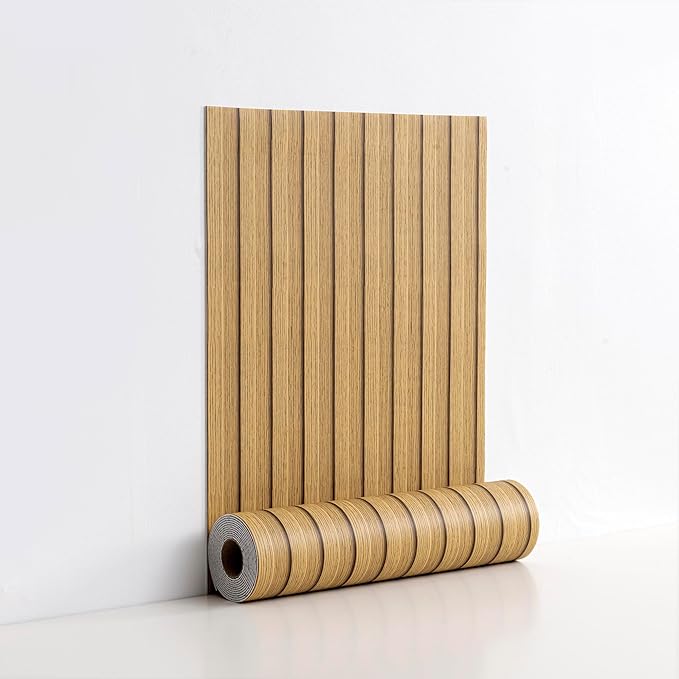 Peel and Stick PVC Slat Wall Panels, Wood Grain Self-Adhesive Soundproof Moisture-Resistant Paneling, 3D Faux Wood Panels for Bedroom Bathroom Walls & Ceilings 118"x15.75"(Light tan,13Sq.ft)