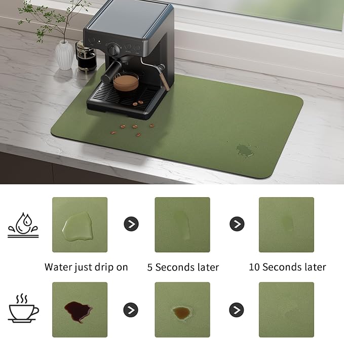 Ecotrim Absorbent Coffee Mat , Stain Hiding PU Leather Surface, Non-Slip Natural Rubber Backing, Quick Dry Mat for Espresso Machine, Kitchen Counter ,Green | 12" x 19"