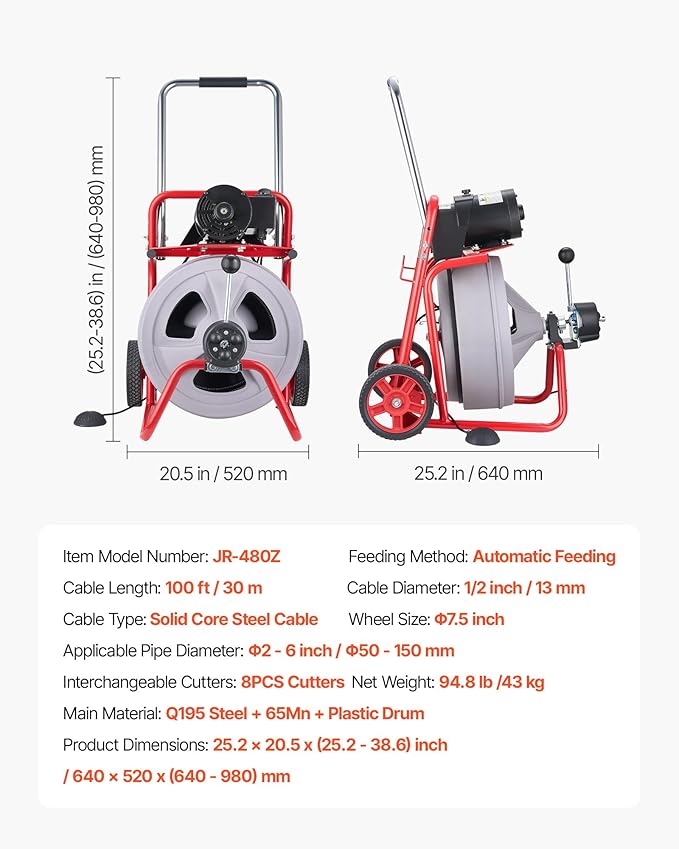 VEVOR Drain Cleaner Machine 100 FT x 1/2 Inch, Auto Feed Sewer Snake Drain Auger on Wheels, Portable Drain Cleaning Machine with 8 Cutters & Air-Activated Foot Switch for 2" to 6" Pipes
