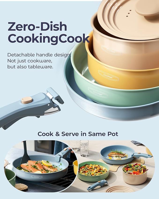Ceramic Cookware Set, Detachable Handle Pots and Pans Non Stick, 12-Piece Camping Cooking Set Nonstick with Storage Bag, Anti-Scratch Pads, PFOA Free, RV Camping Essentials