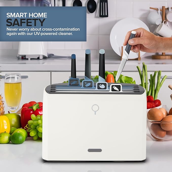 Modern Innovations Smart Cutting Board and Knife Set, Blue Self Cleaning Cutting Board & Knives Holder, Color Coded Set With Knives, All-In-One Cleaning System