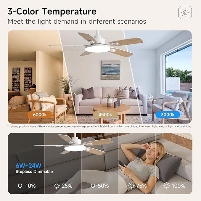 44 Inch Ceiling Fans with Lights and Remote for Bedroom Living Room Kitchen Office, Indoor/Outdoor Use, 5CCT Dimmable, Dual Color 5 Blades, 6 Speed Reversible Quiet DC Motor, White/Wood Grain
