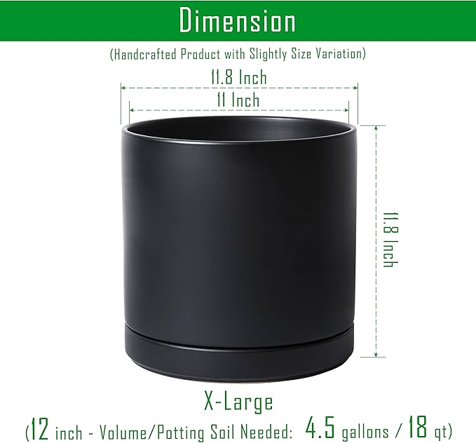 D'vine Dev 12 Inch Ceramic Planter Pot, Black, 94-O-F-2 | Modern Cylinder Design, Drainage Hole & Saucer Included, Stable Structure, Elegant Home Accent