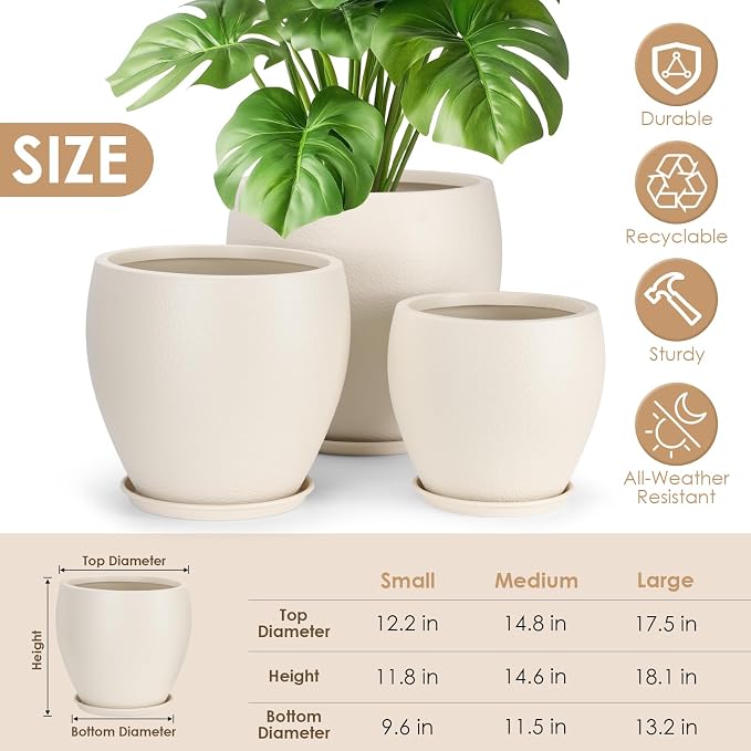 YNNICO Plant Pots 17.5/14.8/12.2 inch Set of 3, Flower Pots with Drainage Holes, Large Planters for Indoor Outdoor Garden Plants and Flowers. (Light Beige)